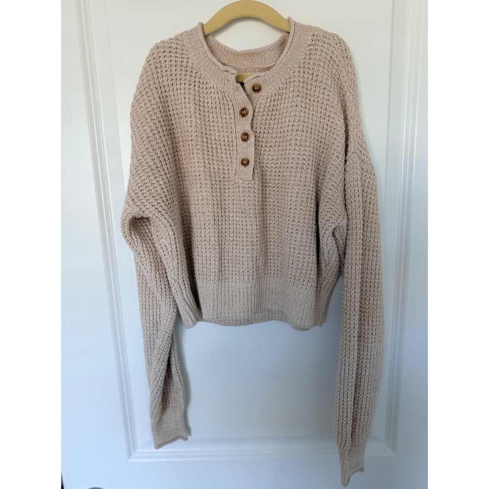 Aeropostale Womens XS Oatmeal Beige Waffle Knit Henley Button Crop Sweater
